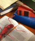 An ant is on a desk with books.